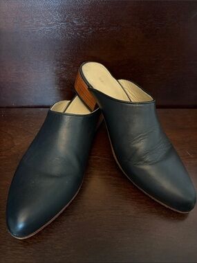 Nisolo Black Leather Slip-On Mule with Brown Stacked Heel -Sz 7